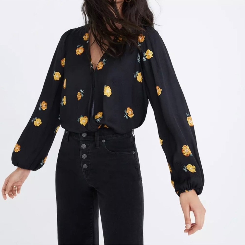 Madewell Bubble-Sleeve Black Wrap Top with Yellow Gold Floating Florets S